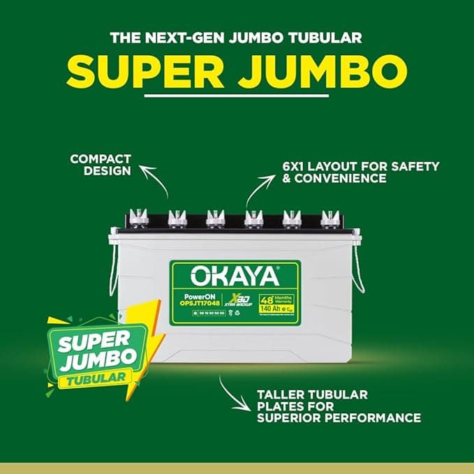 OKAYA PowerON OPSJT17048 140Ah Super Jumbo Tubular Advanced Battery for Home, Office & Shops | Robust & Compact Design | Extra Backup (XBD Technology) | 48 Months Total Warranty - 3